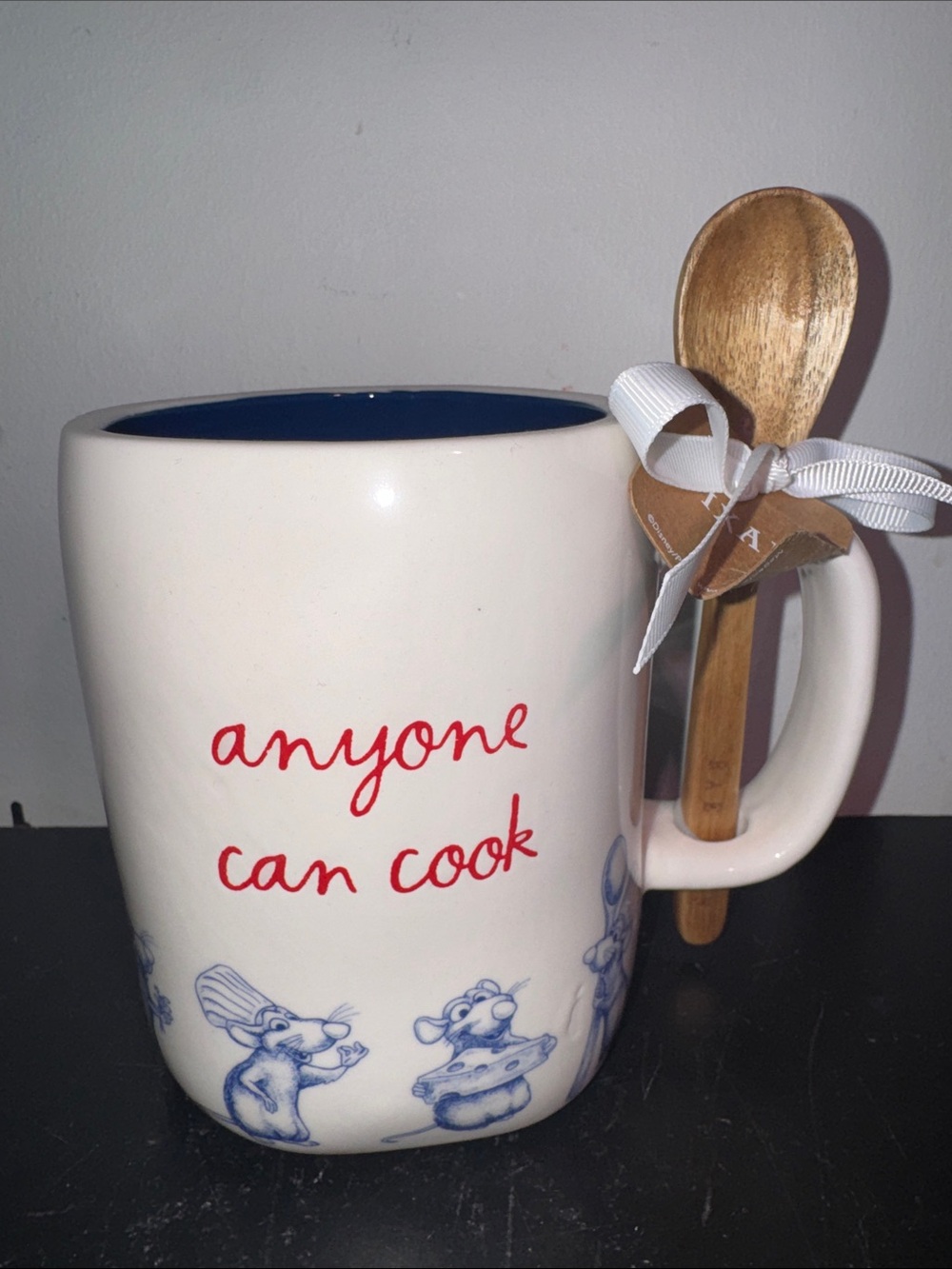 RAE DUNN Anyone Can Cook Ceramic Mug with Wooden Spoon - White and Blue